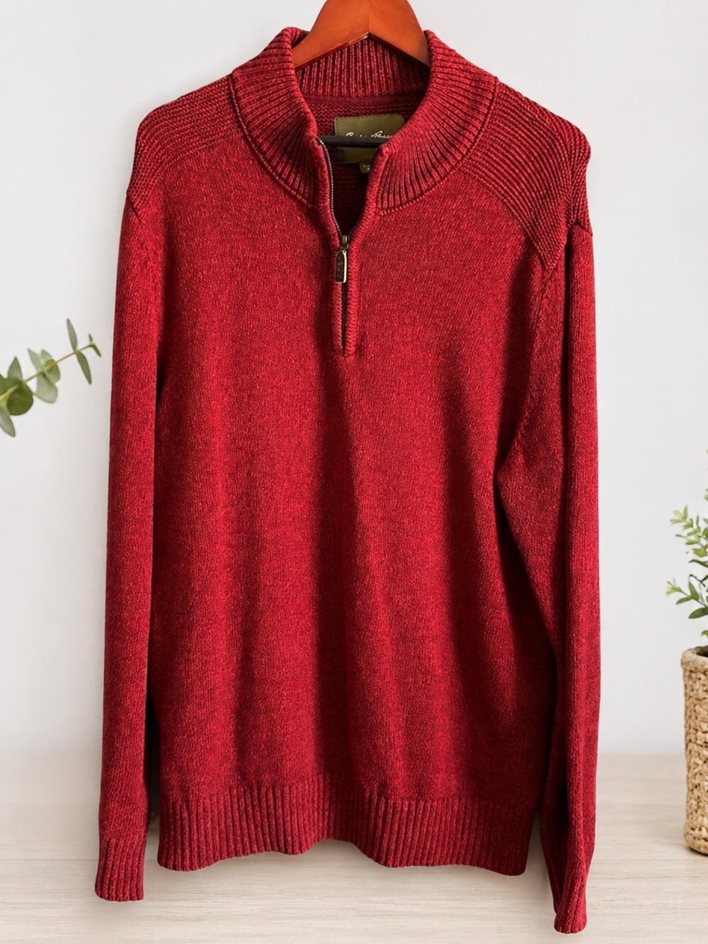 Eddie Bauer Mens Tall XL Quarter Zip Sweater Red Cotton Mock Neck TXL